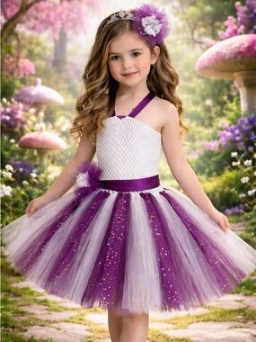 Handmade Girls Purple and White Tulle Tutu Dress with Flower Accent
